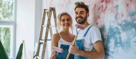 Portrait happy new married couple making renovation painting the walls their new house. AI generated - obrazy, fototapety, plakaty