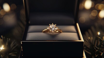Black box showcasing radiant gold diamond ring.