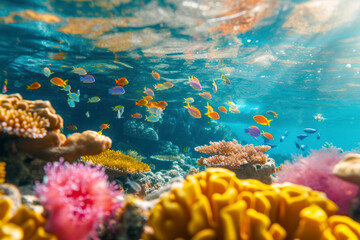 Fototapeta na wymiar Underwater coral reef background, a vibrant and underwater scene featuring a coral reef with colorful marine life.
