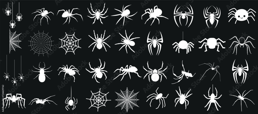 Wall mural spider and spider web illustrations white vector art on black background. various poses and designs,