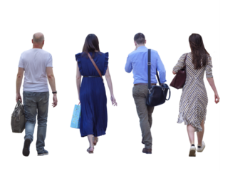 Groupe de quatre amis, hommes et femmes vus de dos marchant côte à côte en été,  tenue décontracté d'été, scène extérieur extérieur