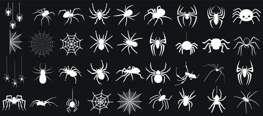 Spider and Spider web illustrations white vector art on black background. Various poses and designs, perfect for Halloween, web design, graphic projects. Realistic and abstract styles. 