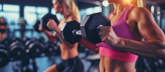 Happy attractive sports athlete work out with dumbbells at gym sport center. AI generated image - obrazy, fototapety, plakaty