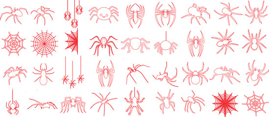 Spider line illustration, diverse species of spider, red line art, white background. Detailed drawings, educational, wildlife, arachnid studies