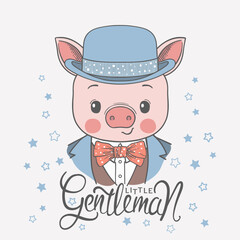 Cute piggy boy face with bowler hat, bow tie. Little Gentleman slogan text. Vector illustration design for t shirt graphics, fashion prints, slogan tees, posters and other uses