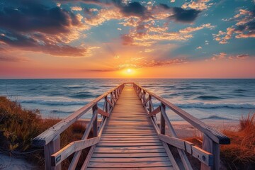 Sunset over the ocean, Wooden pier at sunset, Peaceful evening on a dock, Serene beach scene with wooden pier.