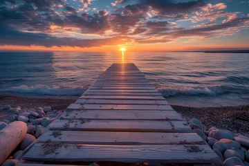 Poster Sunset Serenity, Walking on Water, Peaceful Pier, Golden Hour at the Dock. © Jevjenijs