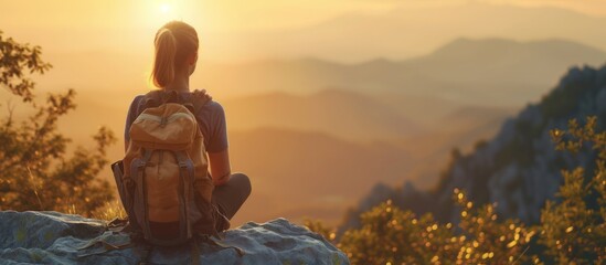Back view young woman wearing a backpack and sit on stone in mountain at sunset. AI generated image
