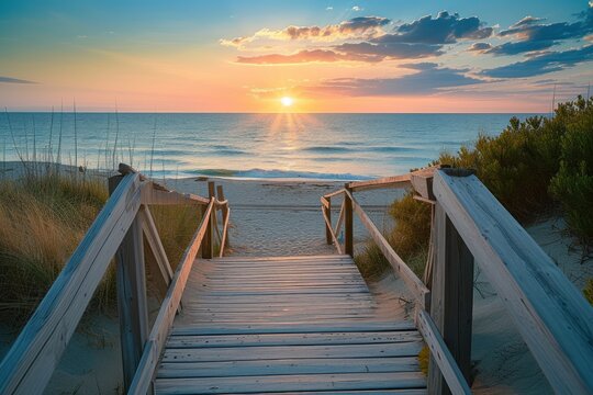 Sunset at the beach, Walking towards the ocean, A serene boardwalk scene, The path to a beautiful sunset.