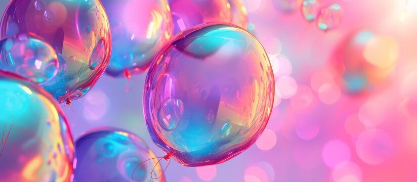 Colorful hologram transparent balloons on blur background. AI generated image