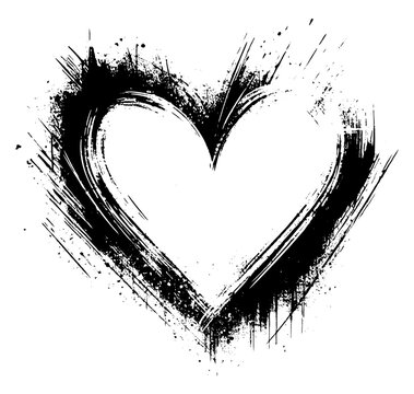 heart shape grunge graffiti brush stroke line with splashes blots black destroyed ink texture isolated on transparent background hand drawn dirty decorative element vector illustration