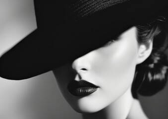 Sultry Eyes and a Plush Hat, A Woman in Black with a Striking Pout, Glamorous Glasses and a Fashionable Hat, Elegant Beauty Under a Large Hat.