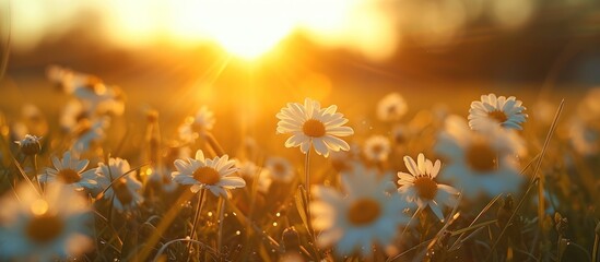 White daisy flower blooms in a field during sunset summer landscape blur background. AI generated