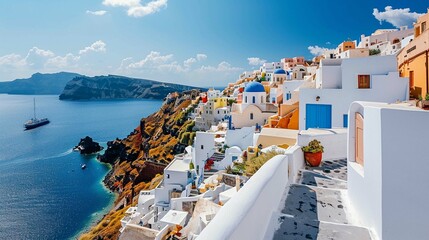 a whitewashed town with colorful rooftops clinging to the cliffs overlooking a bright blue sea. - obrazy, fototapety, plakaty