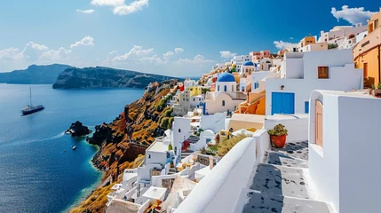 Outdoor kussens a whitewashed town with colorful rooftops clinging to the cliffs overlooking a bright blue sea. © Naz