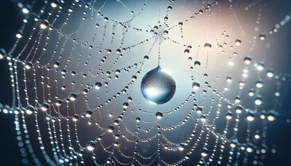 Photorealistic image of a drop of water clinging to a web, where each thread of the web glitters with smaller drops. The background is a soft bokeh that accentuates the jewel-like appearance of the dr - obrazy, fototapety, plakaty