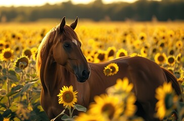 Fototapeta premium Sunflower Field Horse, Golden Horse in a Sunflower Field, Brown Horse Standing in Sunflowers, A Beautiful Brown Horse in a Sunflower Field.