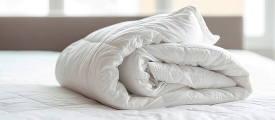 Fototapeta na wymiar A white folded duvet lying on bed of bedroom hotel or home with sunlight background. AI generated