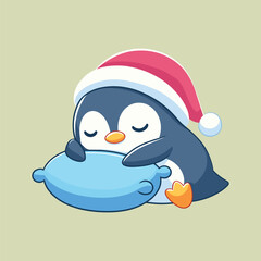 Cute Penguin sleeping on pillow cartoon vector icon art illustration