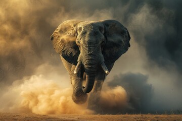 Elephant in motion, Dusty elephant run, Wild elephant on the move, The majestic elephant's journey.
