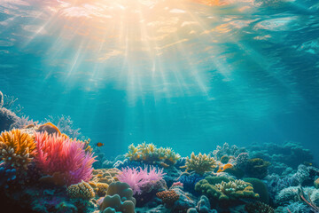 Underwater coral reef background, a vibrant and underwater scene featuring a coral reef with colorful marine life.