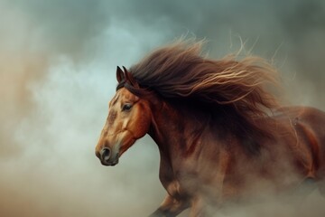 Wild Horse Running in the Desert, Majestic Brown Horse with Long Mane, Free-Spirited Horse in Open Field, Powerful Brown Horse with Flowing Hair.
