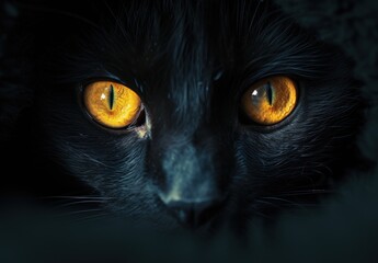 Glowing Cat Eyes, The Cat's Yellow Eyes, A Close-Up of a Black Cat's Face, The Cat's Illuminated Eyes.