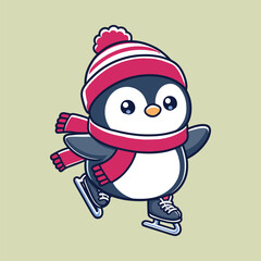 Cute penguin ice skating cartoon vector icon art illustration