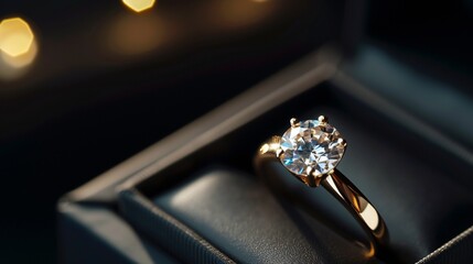 Gold diamond ring presented in sleek black box.