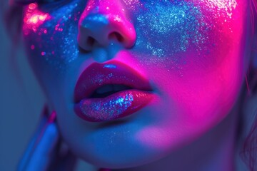Pink and Blue Glitter Makeup, Glittery Pink Lips on a Model, A Model with Sparkly Eyeshadow, Colorful Face Paint with Purple, Pink, and Blue Glitter.