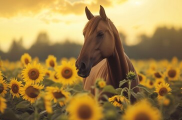 Fototapeta premium Sunflower Field, Golden Horse in Sunflowers, Equine Serenity, A Horses' Paradise.