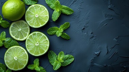 Fresh and zesty lime slices, A delightful arrangement of green limes, Luscious lemons and mint leaves, Vibrant green citrus fruits on a black surface.