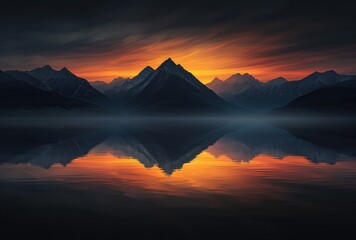 Sunset over the mountains, Reflection of the sun on a lake, Peaceful view of mountains and water, Glowing sky above the mountain range.