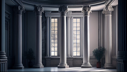 Obraz premium A room with columns and a large window closeup background, Ai generated image