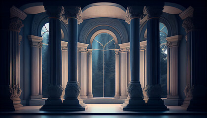A room with columns and a large window closeup background, Ai generated image