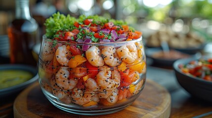 Shrimp and Veggie Salad in a Glass Bowl, A Colorful Shrimp and Vegetable Dish, Fresh Seafood with Vibrant Vegetables, Seafood Medley with an Appealing Presentation.