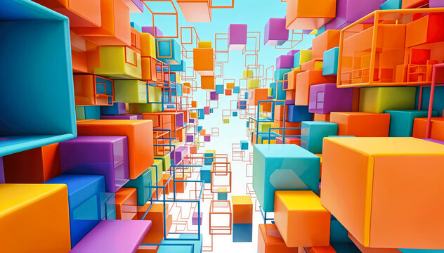 abstract of colorful cube city cubes in shades of blue, red, orange, and purple 