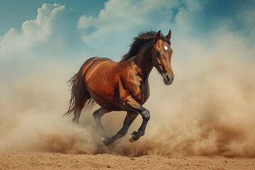 Galloping Horse, Running Free in the Dust, Powerful Brown Horse, Dirt Flying Behind a Horse.