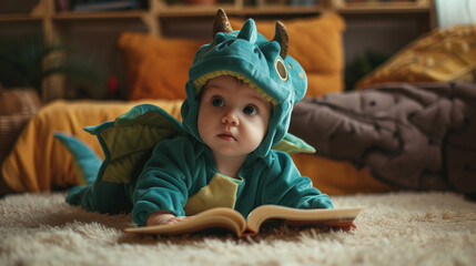 Cute baby in dinosaur costume. 