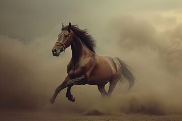 Running Horse in Dust, Galloping Brown Horse, Dusty Trail of a Fast Horse, A Wild Horse in Motion.