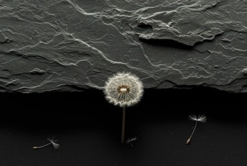 Dandelion in the Darkness, The Lone Dandelion, A Flower Amidst the Rocks, An Unlikely Bloom.