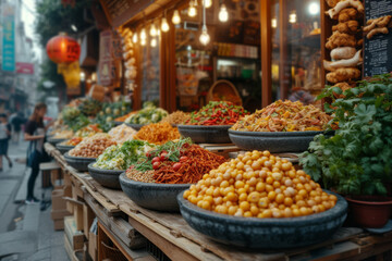 A street market with stalls selling diverse ethnic foods, symbolizing the fusion of different cuisines. Concept of culinary diversity and cultural exchange. Generative Ai. - obrazy, fototapety, plakaty