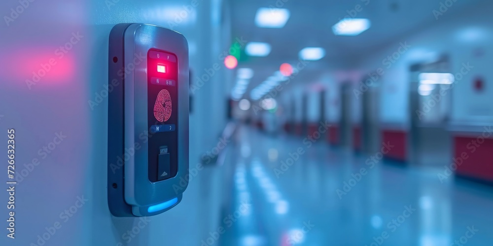 Aufkleber Securing the Future: An Advanced Biometric Fingerprint Scanner Grants Selective Access in a Modern Hospital Corridor, Generative AI
