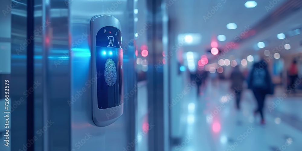 Fototapete Securing the Future: An Advanced Biometric Fingerprint Scanner Grants Selective Access in a Modern Hospital Corridor, Generative AI