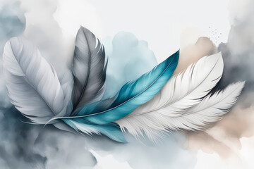 A banner template with colourful feathers and shadows.