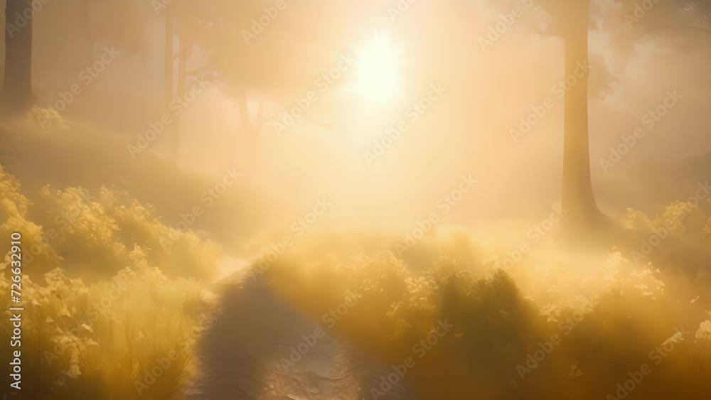 Poster Golden rays peek through the billowing mist in the tranquil valley below.