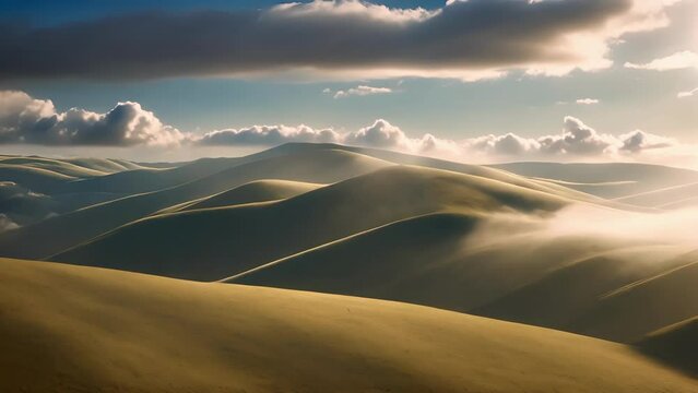An everevolving canvas of light and shadow as clouds drift over the rolling hills in this footage.
