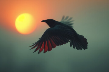 Fototapeta premium A silhouette of a bird flying against a clear sky, using the emptiness to accentuate motion. Concept of freedom and movement in minimalism. Generative Ai.