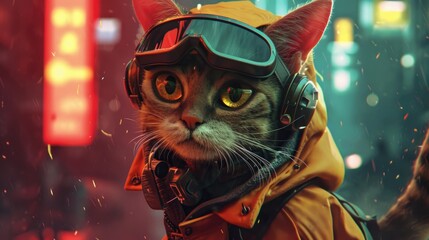 Portrait of a cat wearing a helmet, goggles and a raincoat