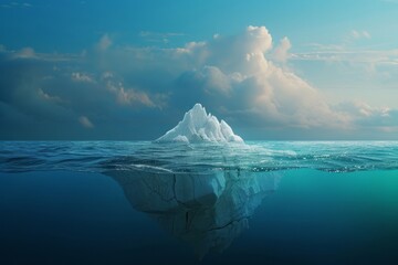 Amazing white iceberg floats in the ocean with a view underwater. Hidden Danger and Global Warming Concept. Tip of the iceberg. Half underwater